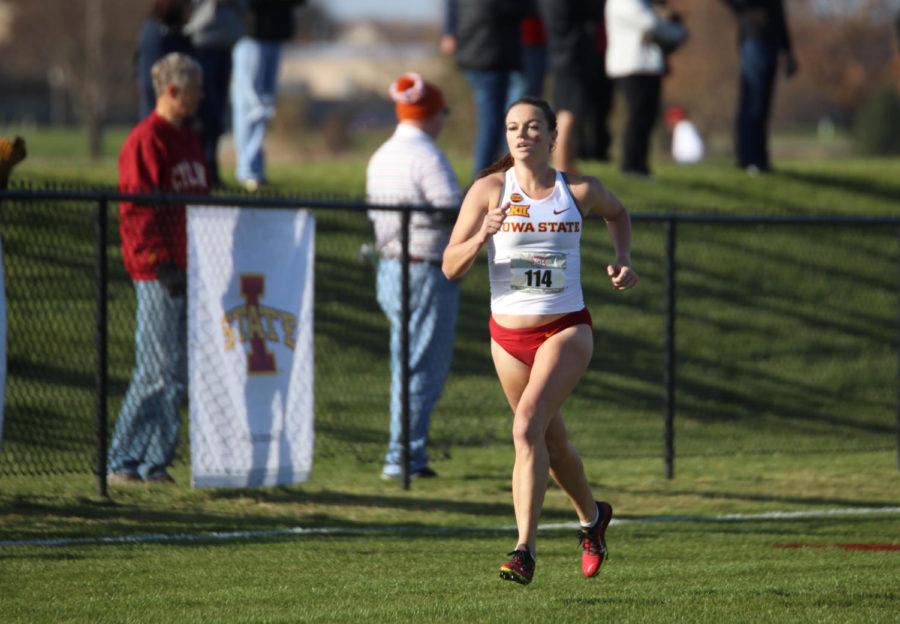 Iowa State distance runner Abby Caldwell nears the finish line after running a 6k during the 2018 Big 12 Cross Country Championships held on Oct. 26 at Iowa State. Caldwell placed 29th overall for the women’s division with a time of 21:23.0. The women’s team placed first overall with a score of 35, winning the Championships.