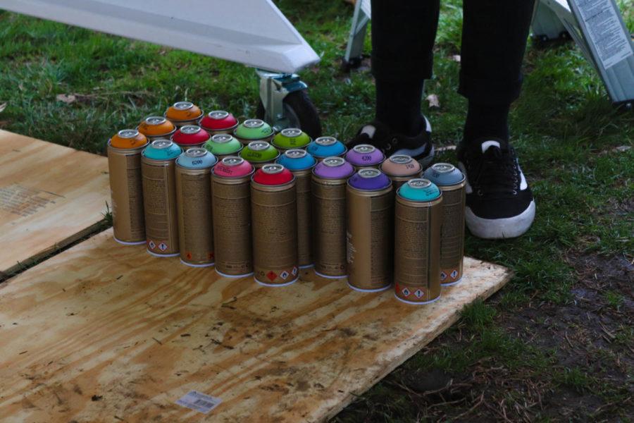 The arsenal of spray paint brought by artist Timmy Ham on April 11. Ham was invited to Iowa State as part of First Amendment Days. 