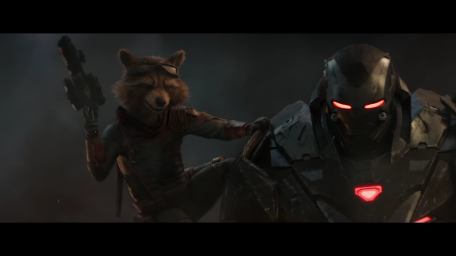Rocket Raccoon (Bradley Cooper) and Warmachine (Don Cheadle) prepare for battle.