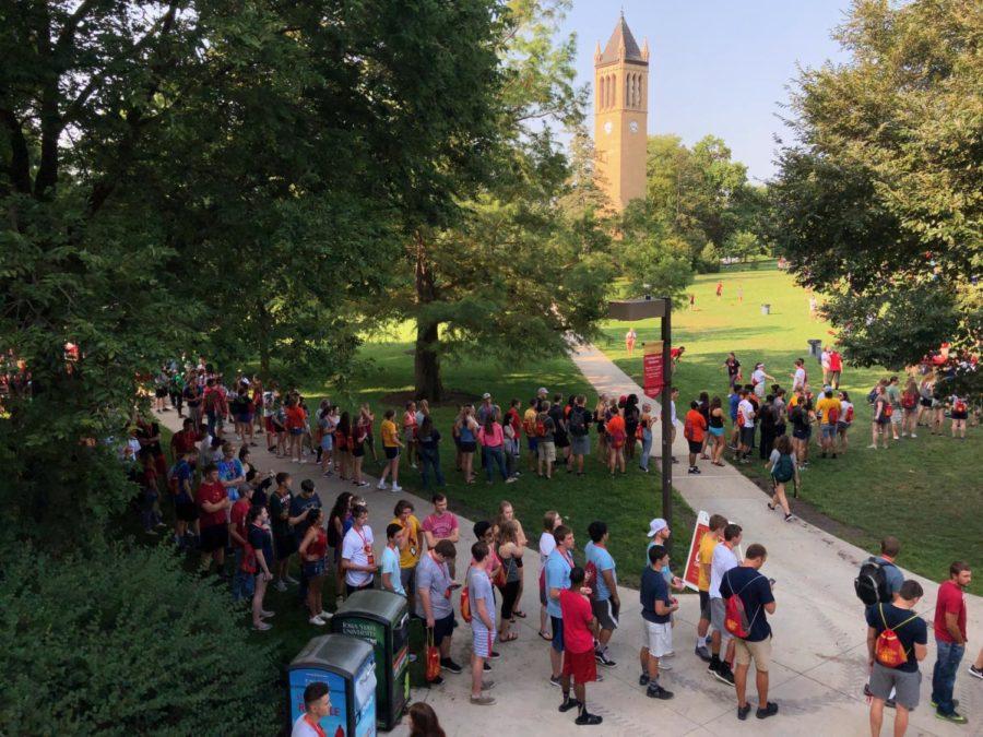 Incoming freshmen stand in line Aug. 17 on Central Campus for pancakes during Destination Iowa State.