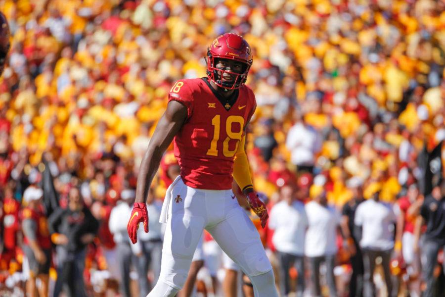 Former Iowa State wide receiver Hakeem Butler prepares himself for a first down during the Iowa State vs. Akron game Sept. 22, 2018 at Jack Trice Stadium.