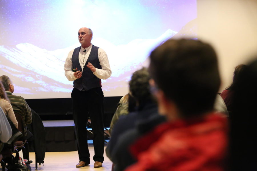 Brian Luke Seaward offers suggestions for how to improve the quality of ones sleep during his lecture Rest, Resiliency, and the Art of Digital Detox. The lecture was held Tuesday in the Sun Room of the Memorial Union.