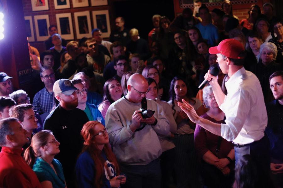 Beto ORourke speaks at the Maintenance Shop on Wednesday. ORourke began his four day tour in Iowa after arriving an hour late. He took questions from the crowd and spoke about his campaign for 2020 president.
