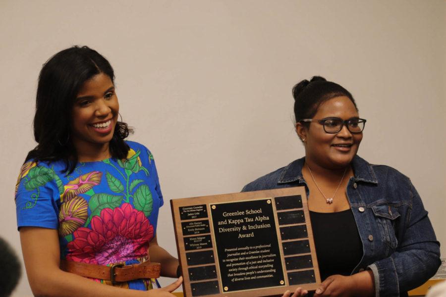 Iowa State Daily Media group reporter and Voices editor Whitney Mason (right) and KCCI reporter/anchor Rheya Spigner (left) pose with the Greenlee School & Kappa Tau Alpha Diversity & Inclusion Awards. The two women received the awards on April 10.
