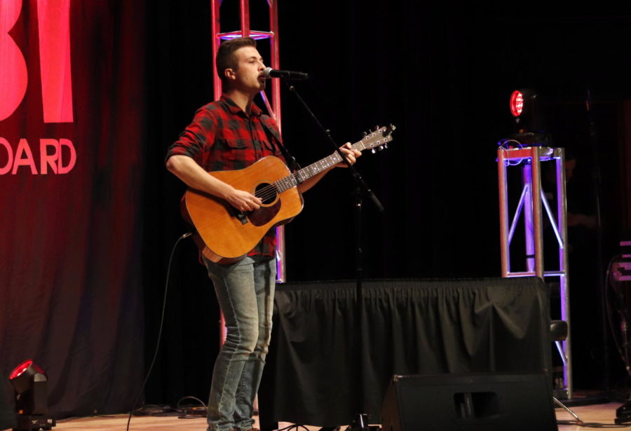 Sophomore student Andersen Coates performs Traveller, a song that he wrote himself. Cyclone Voice, a singing competition that focuses on the vocal talents of Iowa State students, took place April 11 at the Memorial Union. The event was hosted by 12-year-old country music star, Mason Ramsey.