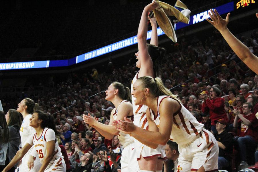 The Iowa State women’s basketball team celebrates a three-point shot made by junior forward Adriana Camber in the fourth quarter. Camber’s shot put the Cyclones in the lead 85-48 against the Aggies. The Iowa State women’s basketball team won against New Mexico State 97-61 during the first round of the NCAA Tournament held in Hilton Coliseum on March 23. The Cyclones will move on to play No. 11 seed Missouri State on Monday, March 25 in Hilton Coliseum.