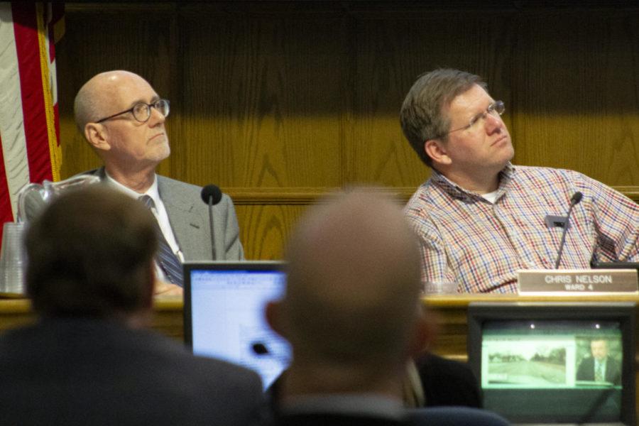(left to right) Mayor John Haila and Chris Nelson, representative of the 4th Ward, listens to staff presentations at the Ames City Council meeting. Ames City Council held a meeting on Jan. 15 in City Hall to discuss the 2019-2024 Capital Improvements Plan. Staff members gave a presentation on their recommendations for the next five years.