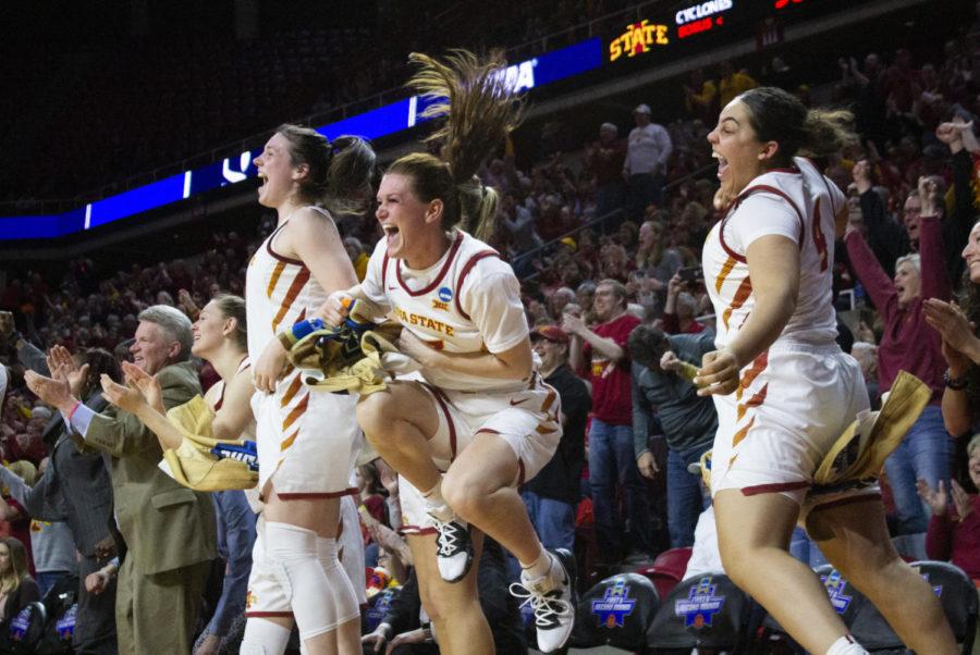 (left to right) Bridget Carleton, Alexa Middleton and Rae Johnson react to the Cyclone win against the Aggies. The Iowa State women’s basketball team won against New Mexico State 97-61 during the first round of the NCAA Tournament held in Hilton Coliseum on March 23. The Cyclones will move on to play No. 11 seed Missouri State on Monday, March 25 in Hilton Coliseum.