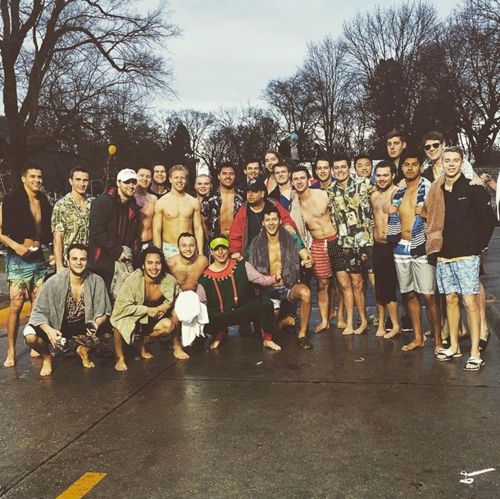 Members of Alpha Tau Omega after doing the polar bear plunge in Spring 2017.