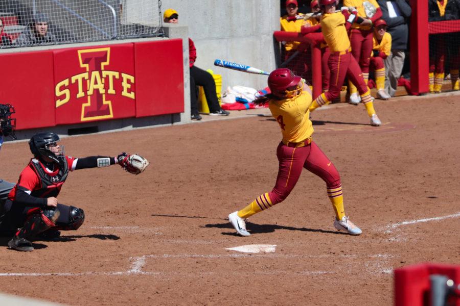 Senior Sydney Stites flies out in the bottom of the fourth inning during Iowa States loss to Texas Tech. Iowa State lost to Texas Tech 8-4 on March 31, dropping their record to 18-15 overall and 1-5 in Big 12 play. 