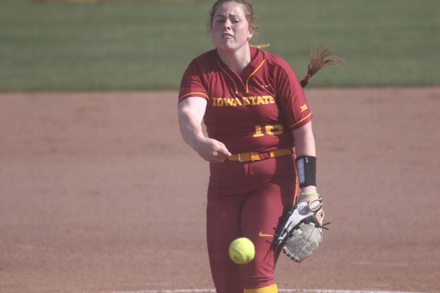 Iowa State freshman pitcher Shannon Mortimer throws a pitch during the second inning against UNI on Tuesday, April 16. The Cyclones defeated the Panthers, 2-0.