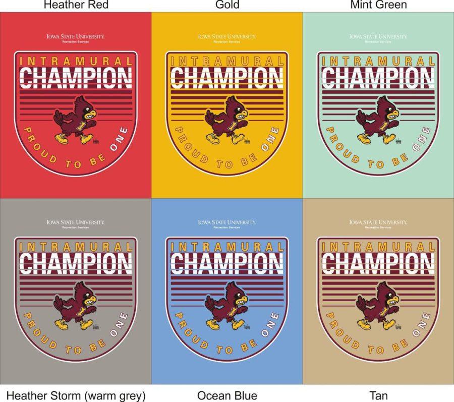 As an intramural champion, students will receive an email regarding their championship t-shirt. The current intramural t-shirt designs are pictured above.  