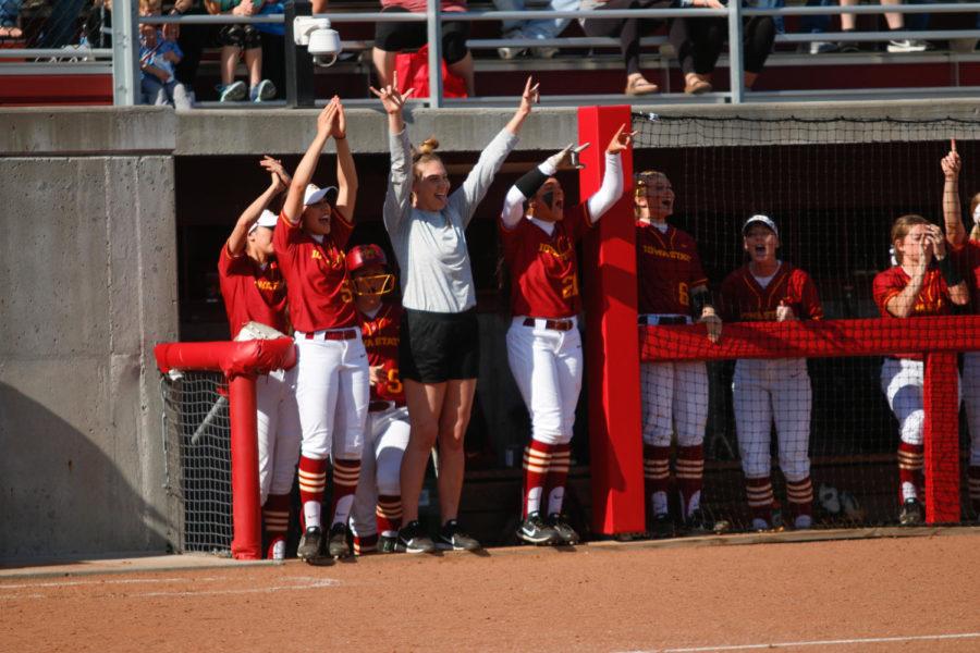 Iowa States bench celebrates a run during the Cyclones 4-2 win over Iowa in the Cy-Hawk Series.