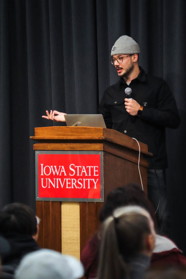 Iowa State graduate and Vans footwear designer Derek Huenecke talks about his experiences at the company to a crowd in the Sun Room at the Memorial Union on April 11. Vans is the featured designer at this years Fashion Show. 