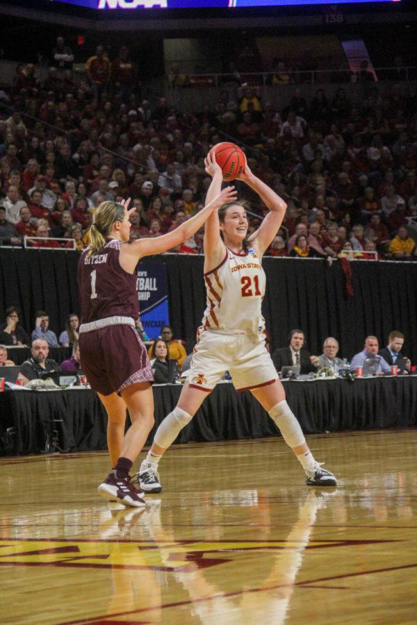 Senior Bridget Carleton looks for a pass during the game against Missouri State in the second round of the NCAA Championship on March 25 at Hilton Coliseum. The Cyclones lost to the Bears 69-60.
