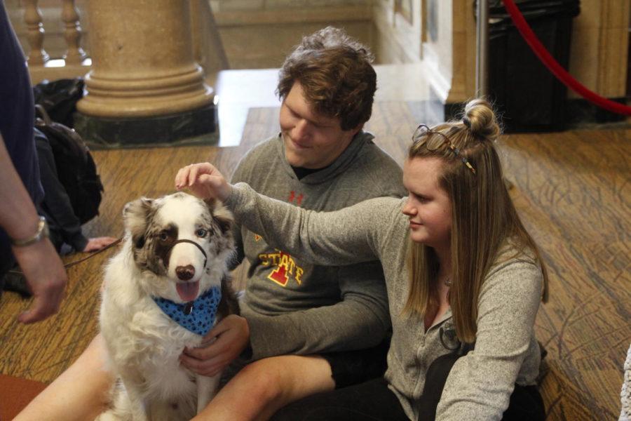 Robert Hudson, sophomore in pre-business and Katelin Beatty, freshman in kinesiology and health pet Ben at Barks at Parks in Parks Library on April 29. 