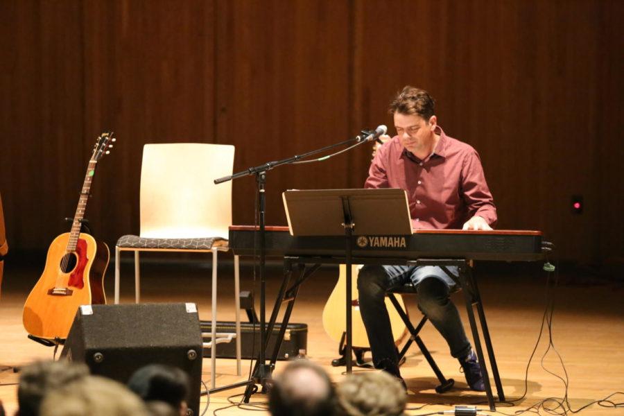 Seth Timbs plays the piano for a musical celebration of the first amendment alongside other musicians and narrated by Ken Paulson. The event was held Tuesday April 23 in Tye Recital Hall.
