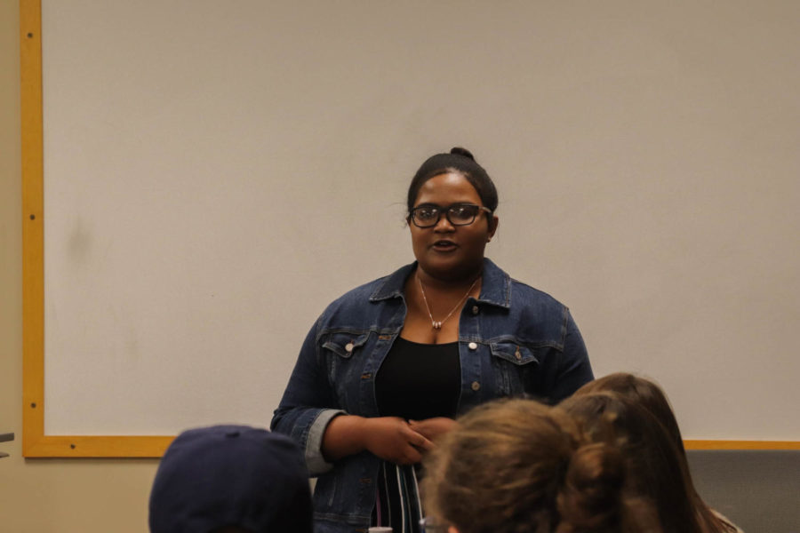 Iowa+State+Daily+Media+group+reporter+and+Voices+editor+Whitney+Mason+talks+to+a+room+of+people+about+her+experiences+as+a+woman+of+color+in+the+newsroom.+She+and+KCCI+reporter%2Fanchor+Rheya+Spigner+received+the+2019+Greenlee+School+and+Kappa+Tau+Alpha+Diversity+%26amp%3B+Inclusion+Awards+on+April+10.