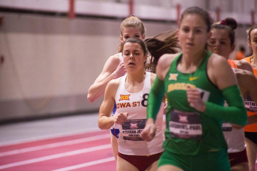 Erin Stenman-Fahey runs in the 1000 M at the Big 12 Track and Field Championship at Lied Rec Center on Feb. 24. Stenman-Fahey placed second with a time of 2:46.18