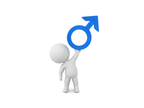 3D Character holding up male gender symbol.