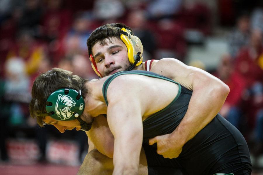 Then-redshirt sophomore Ian Parker wrestles freshman Dylan Gregerson during the Iowa State vs Utah Valley dual meet Feb. 3 in Hilton Coliseum. Parker won by fall at 6 minuets and 29 seconds and the Cyclones defeated the Wolverines 53-0.