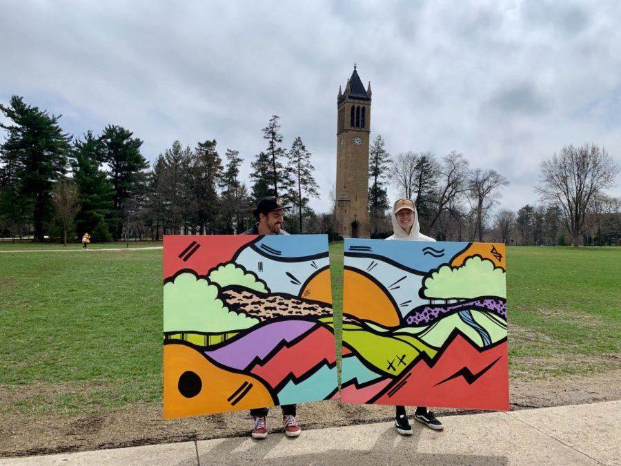 Timmy Ham (left) stands with one his crew members Grayson Jensen (right) with the finished mural in front of the Campanile on Central Campus forFirst Amendment Days 2019.