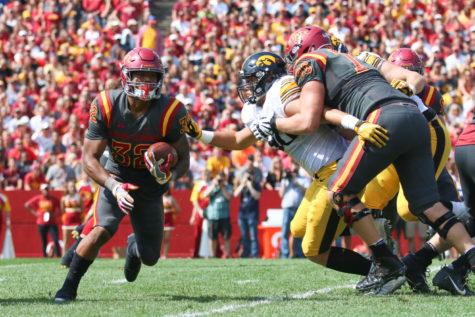 Iowa State's David Montgomery breaks from the pack during the annual CyHawk football game Sept. 9, 2017. The Cyclones fell to the Hawkeyes 44-41 in one overtime.