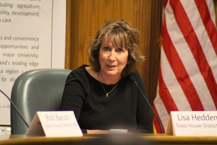 Rep. Lisa Hedden answers questions at the legislative forum held on Saturday at Ames City Hall. The forum gives community members, local leaders and the public the opportunity to engage with elected officials.
