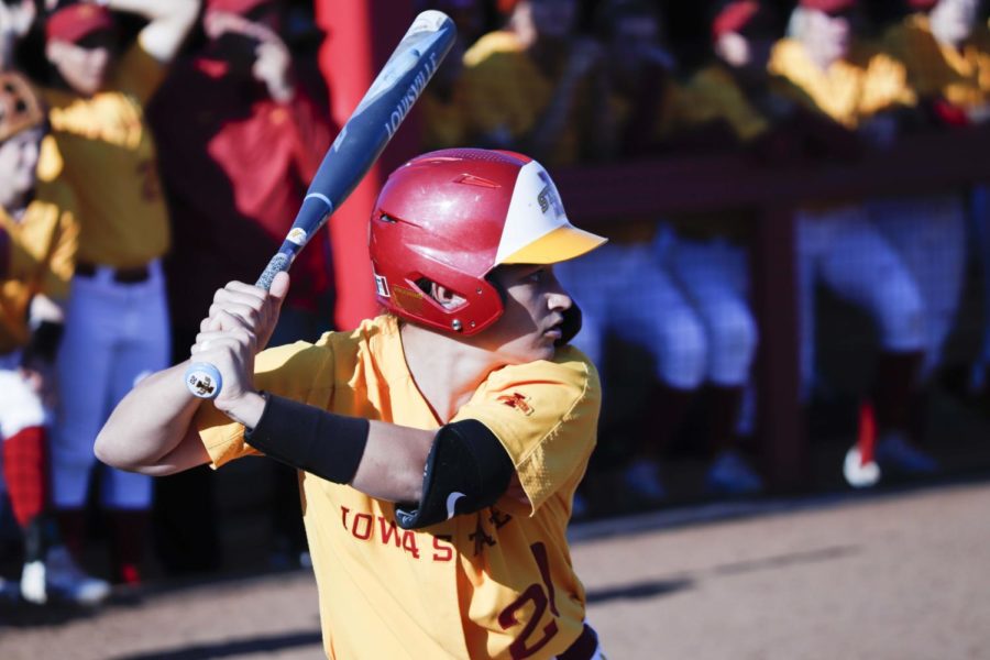 Iowa State senior Sally Woolpert gets ready to hit during the Iowa State vs Kansas game on May 3. The Cyclones defeated the Jayhawks 3-2.