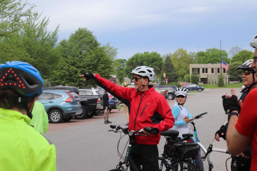 Mayor John Haila addresses the participants of the Mayor and City Council Bike Ride on May 18th outside the Ames City Hall. The ride took participants around the central area of Ames