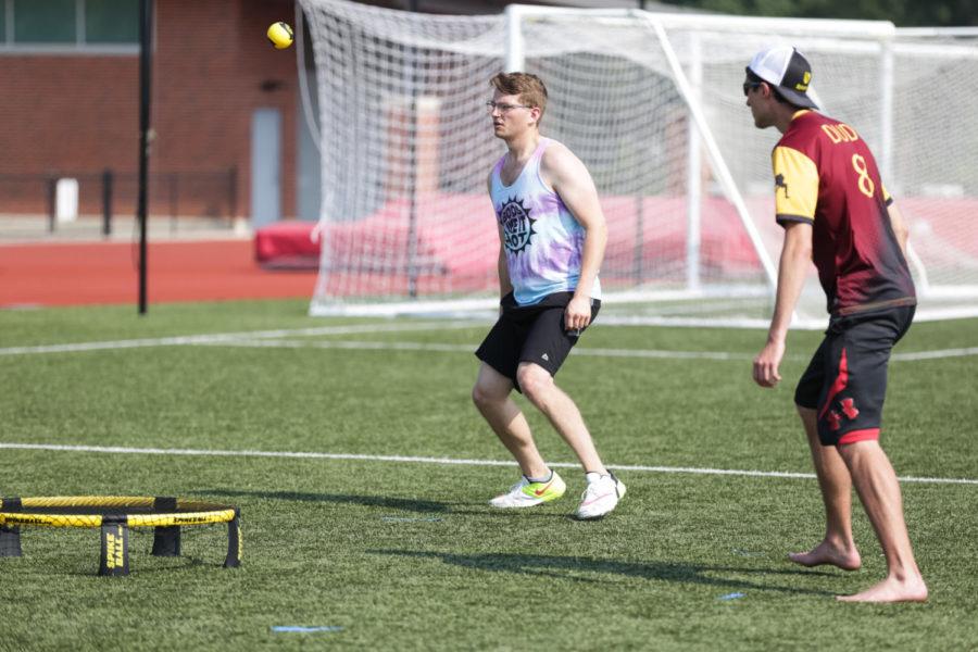 Spikeball players compete during the Summer Iowa Games July 22 at the Cyclone Sports Complex. The Games lasted all weekend and hosted many different sports all over Ames.