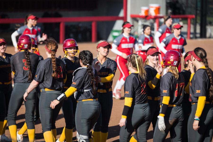 Members+of+the+Iowa+State+Softball+Team+shake+hands+following+the+completion+of+the+Iowa+State+vs+South+Dakota+softball+game+held+at+the+Cyclone+Sports+Complex+April+2.+The+Cyclones+had+three+home+run+hits+and+defeated+the+Coyotes+9-1.