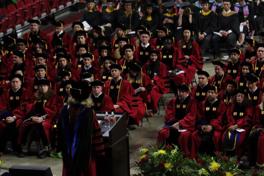 President Wendy Wintersteen addresses the graduates at the Spring 2019 Graduate Commencement ceremony at Hilton Coliseum on May 9. The ceremony was for students graduating with a Master or PhD degree. 