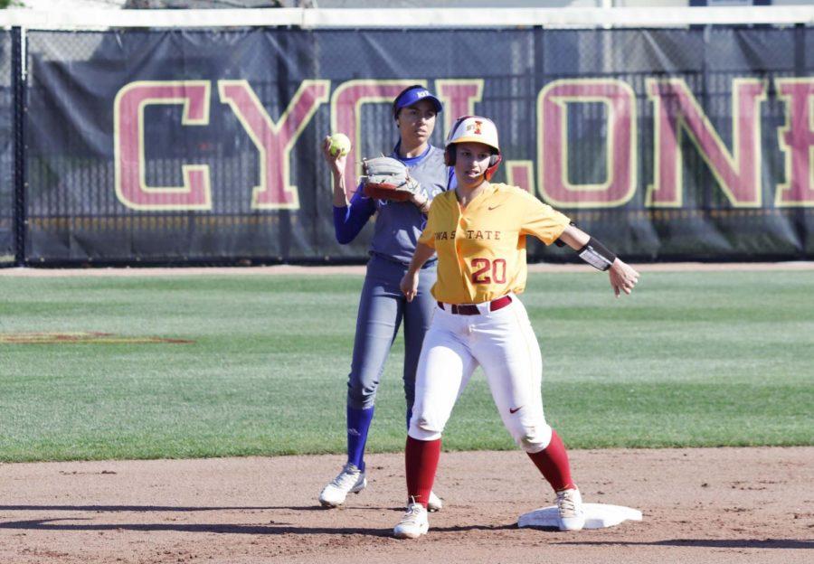 Iowa State senior Sally Woolpert celebrates at the second base during Iowa State vs Kansas game on May 3. The Cyclones defeated the Jayhawks 3-2.