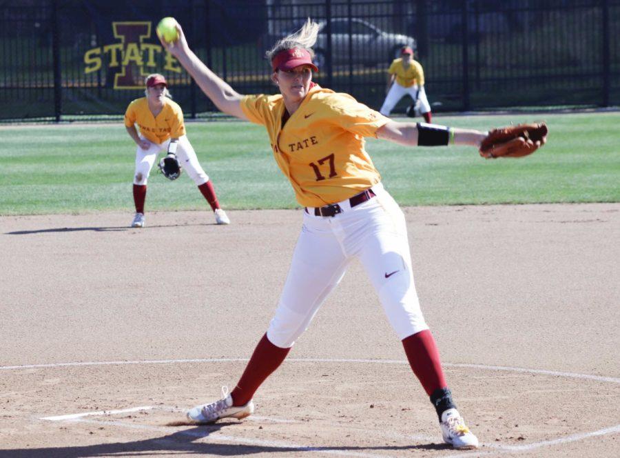 Iowa State senior Emma Hylen pitches during the Iowa State vs Kansas game on May 3. The Cyclones defeated the Jayhawks 3-2.