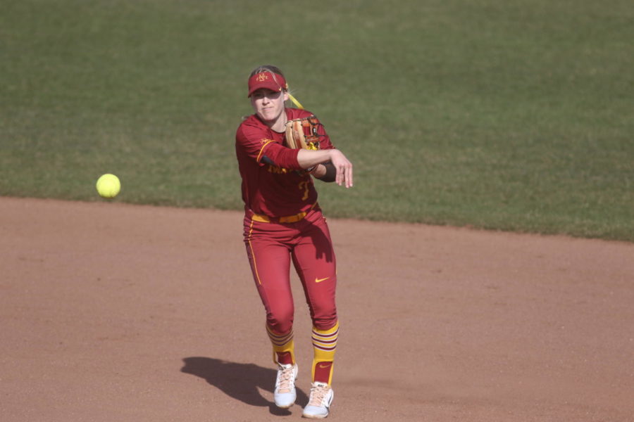 Iowa State then-junior Sami Williams throws to first base after scooping a grounder during the second inning against Northern Iowa on April 16, 2019. The Cyclones defeated the Panthers 2-0.