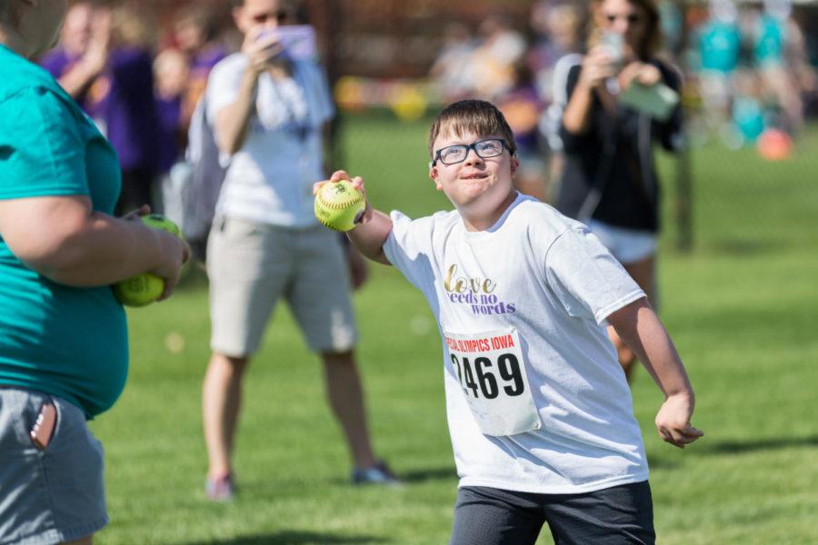 Iowa Special Olympic Athlete compete in the softball throw as one of the field events during the summer games May 18. 