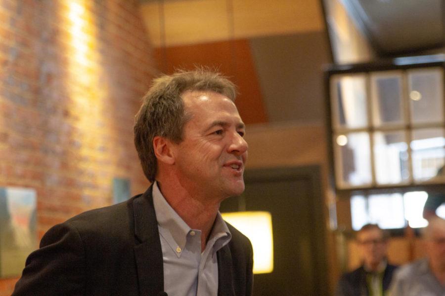 Montana governor and then-Democratic presidential candidate Steve Bullock addresses a group of supporters at Cafe Diem on May 28. He addressed topics such as voting access and union and women’s rights.