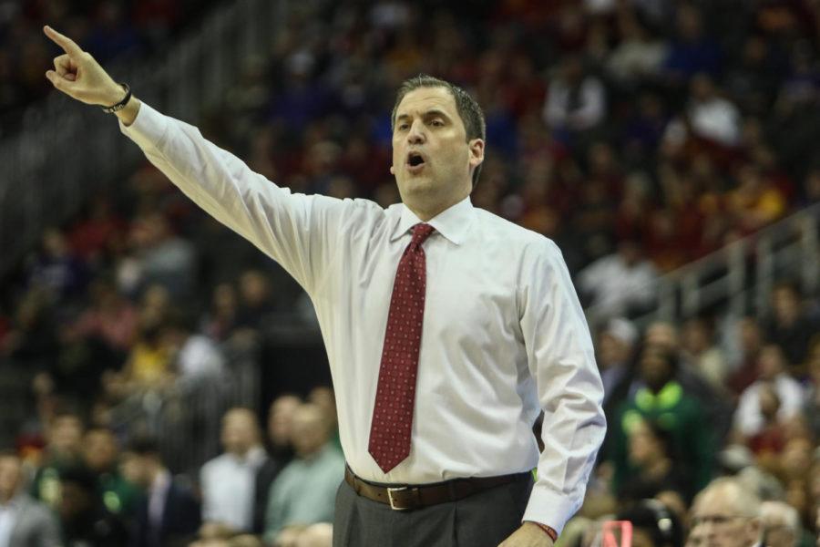 Iowa State head coach Steve Prohm shouts directions at his team during the second half against Baylor in the Big 12 Tournament in Kansas City. 