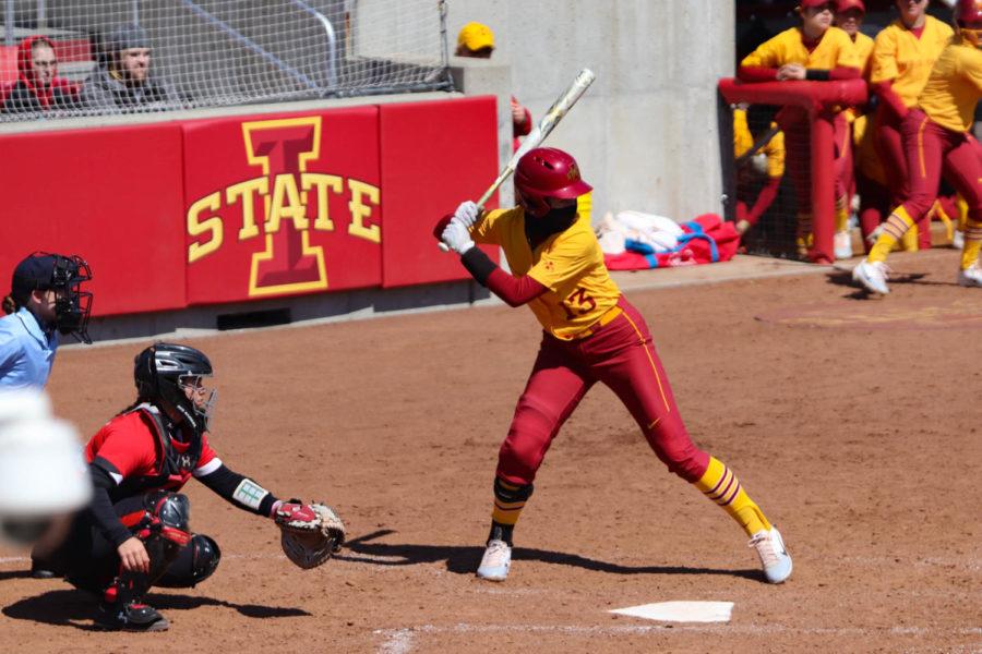 Redshirt sophomore Talyn Lewis steps up to bat in the bottom of the fourth inning during Iowa States loss to Texas Tech. Iowa State lost to Texas Tech 8-4 on March 31, dropping their record to 18-15 overall and 1-5 in Big 12 play. 