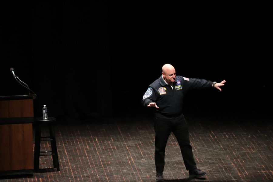 Capt. Scott Kelly talks about his upbringing, naval career, time in space, and time back on Earth to an almost full C.Y. Stephens Auditorium on Feb. 18.