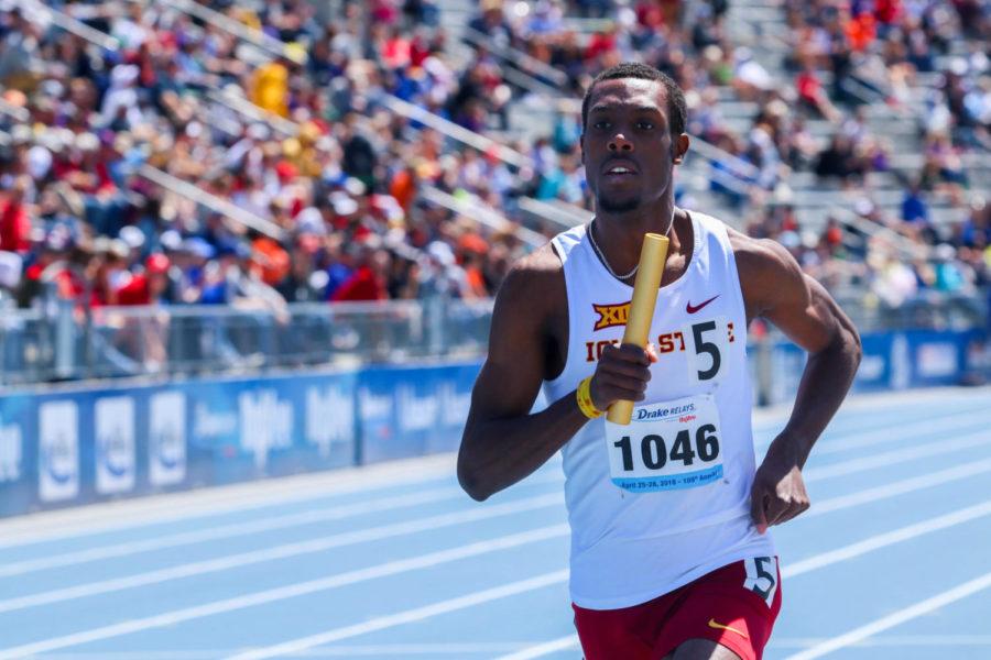 Iowa States Roshon Roomes runs in the mens sprint medley relay at the Drake Relays on April 28 in Des Moines. 