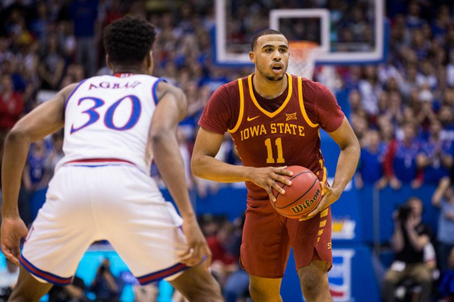 Freshman guard Talen Horton-Tucker looks for an open pass during the Iowa State vs Kansas basketball game in Allen Fieldhouse Jan. 21. The Jayhawks defeated the Cyclones 80-76.