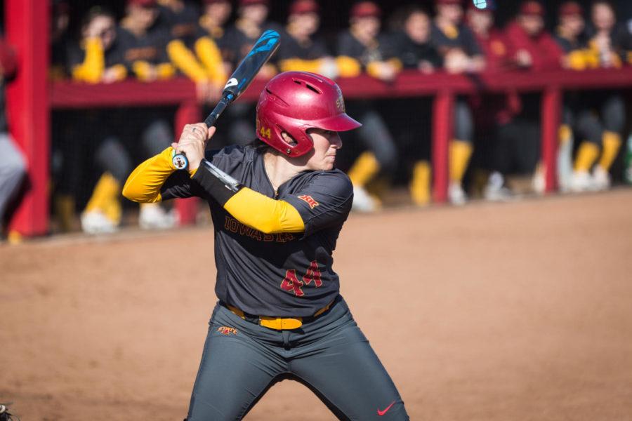 Iowa State then-freshman catcher Mikayla Ramos bats during the Iowa State vs. South Dakota softball game held at the Cyclone Sports Complex on April 2, 2019. The Cyclones had three home run hits and defeated the Coyotes 9-1.