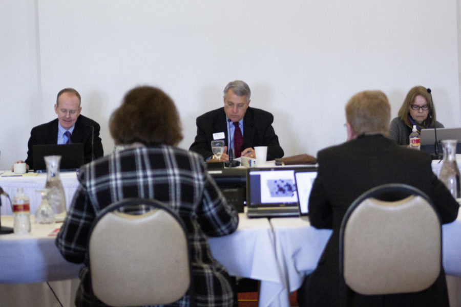 Regent Milt Dakovich (middle) starts the Board of Regents meeting. The regents hosted a meeting Feb. 27, 2019, in the Reiman Ballroom at the Alumni Center.