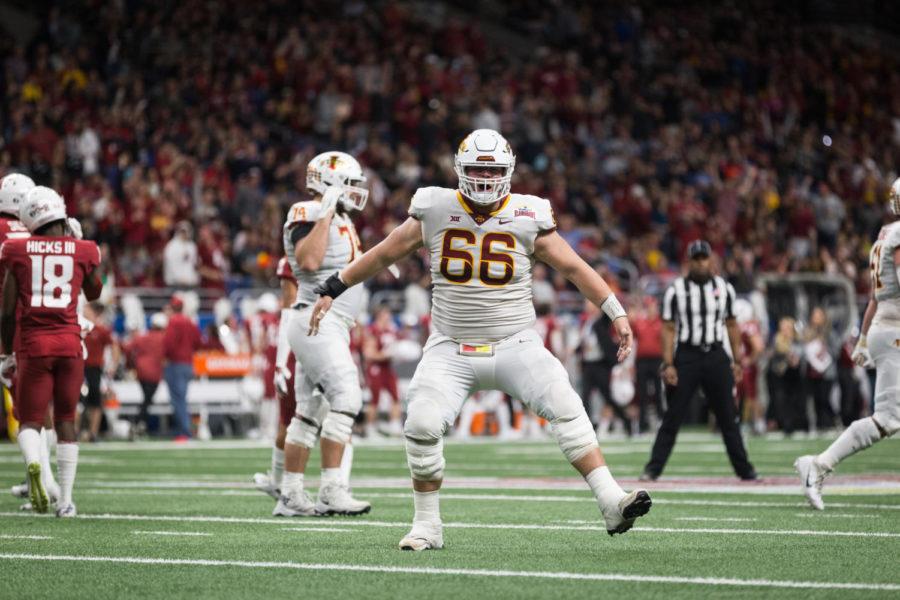 Offensive line senior Josh Knipfel celebrates following a completed 50-yard field goal Dec. 28, 2018, during the first half of the Valero Alamo Bowl Game.