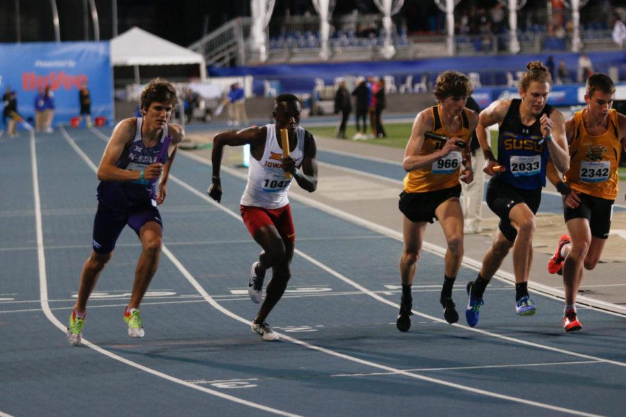 Iowa States Festus Lagat starts the 4x400 for the Cyclones during the Drake Relays. Lagat and the Cyclones took first place in the event.