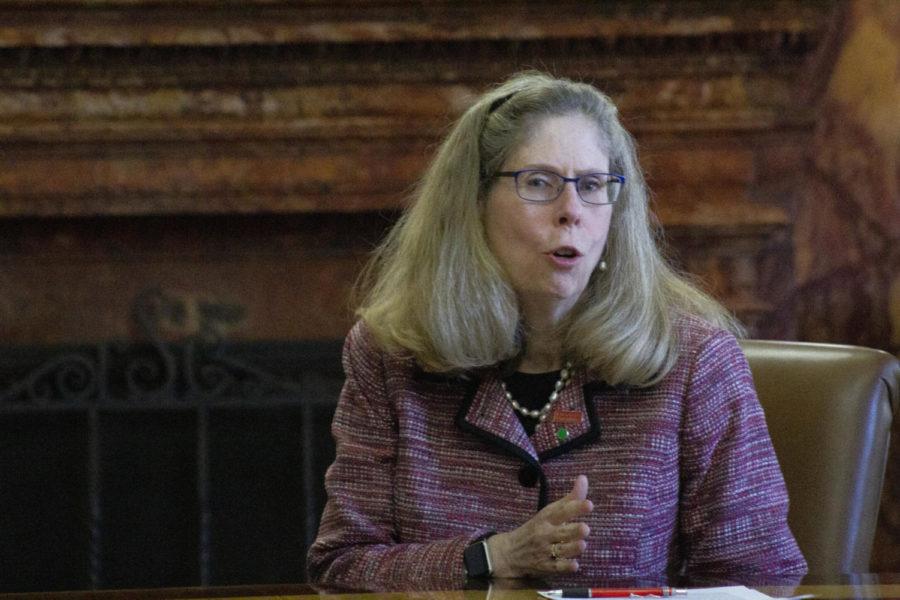 President Wendy Wintersteen responds to questions asked by members of the Iowa State Daily on Jan. 9. 