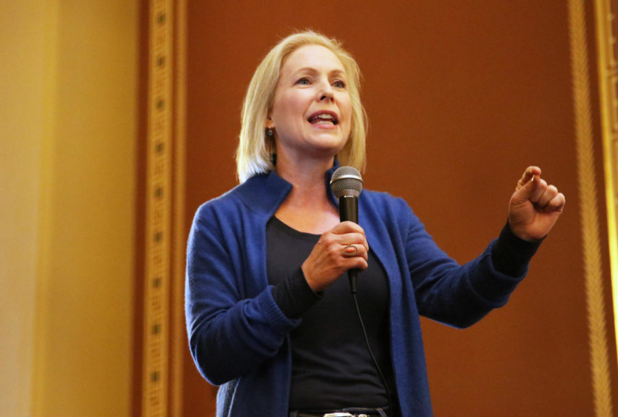 Kirsten Gillibrand, New York Sen., speaks to the audience of women’s rights activists at the closing of the 2019 Women’s March Iowa at the Iowa Capitol in Des Moines on Jan. 19. “Women still do not represent 51 percent of elected leaders in this country. Imagine just for a moment what America would look like if it did. Imagine what would be possible. Do you think we would still be fighting tooth and nail for basic reproductive freedoms in this country? No. Do you think that we’d be hesitating to pass a national paid leave bill, equal pay for equal work, affordable day care, universal pre-K? No. Do you think it would be so hard to end sexual violence in our military, on college campuses and in society in general? No. And finally do you think our senate would be causing a vote on denying women’s reproductive care when they should be opening the government and giving paychecks to the 800,000 workers who have gone without their pay this week,” Gillibrand said.