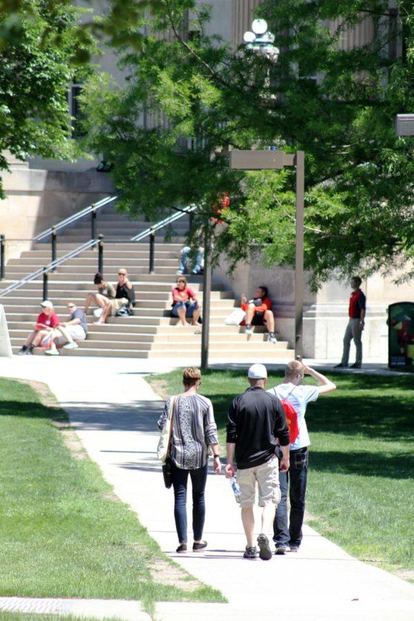 A student at orientation walks towards Curtiss Hall on May 31.